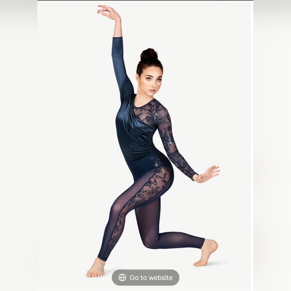 Navy Blue Sequin Lace Long Sleeve Leotard - Picture 2 of 4